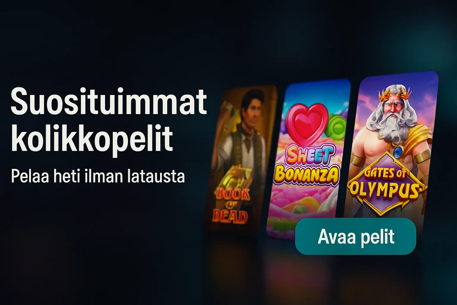 Tumma premium kasinobanneri, suositut kolikkopelit ja teal CTA-painike